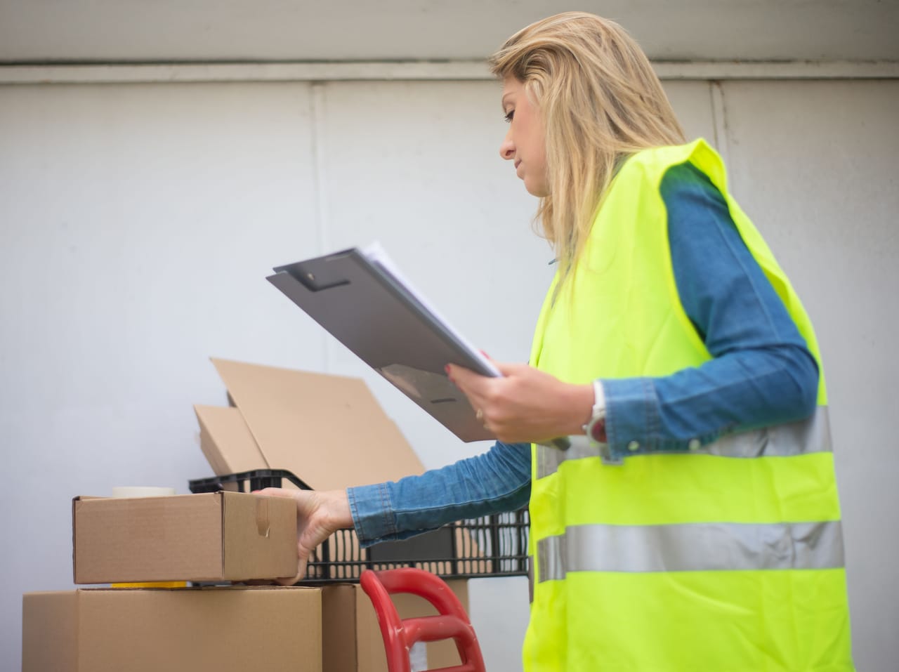 A warehouse worker in a high-visibility vest checking a clipboard beside a stack of parcels